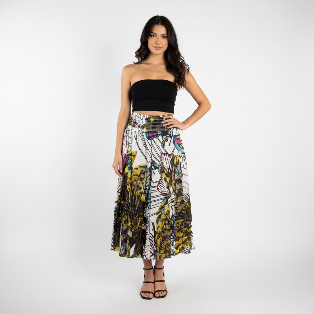 Chelsea & Theo Butterfly Wing Boho Festival Cotton Smocked Colorful Midi Skirt L